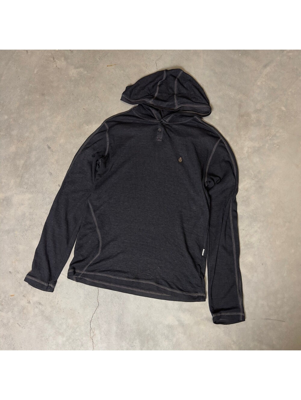Volcom Henley Thermal Hoodie Mens Medium Black Waffle Knit